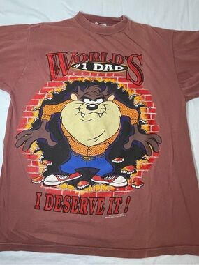 Vintage Taz Shirt Mens Large Looney Tunes Worlds #1 Dad I Deserve It 90s